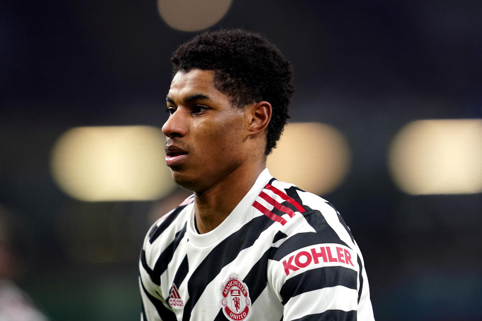 BURNLEY, ENGLAND - JANUARY 12: Marcus Rashford of Manchester United looks on during the Premier League match between Burnley and Manchester United at Turf Moor on January 12, 2021 in Burnley, England. Sporting stadiums around England remain under strict restrictions due to the Coronavirus Pandemic as Government social distancing laws prohibit fans inside venues resulting in games being played behind closed doors. (Photo by Jon Super - Pool/Getty Images)