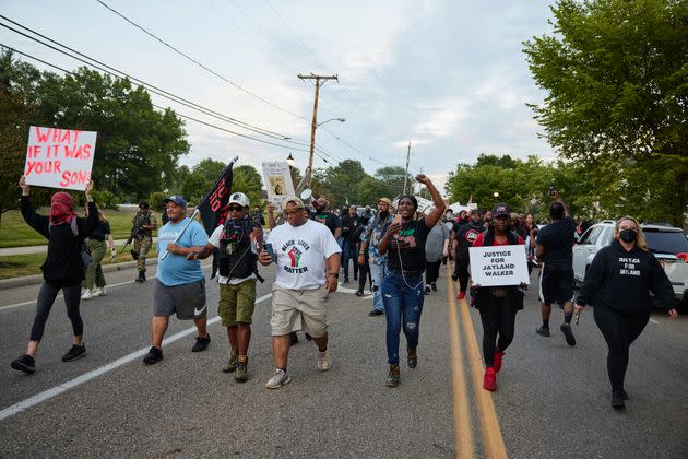 Demonstrators march after holding a vigil in honor of Jayland Walker on July 8 in Akron, Ohio. (Photo: Angelo Merendino via Getty Images)