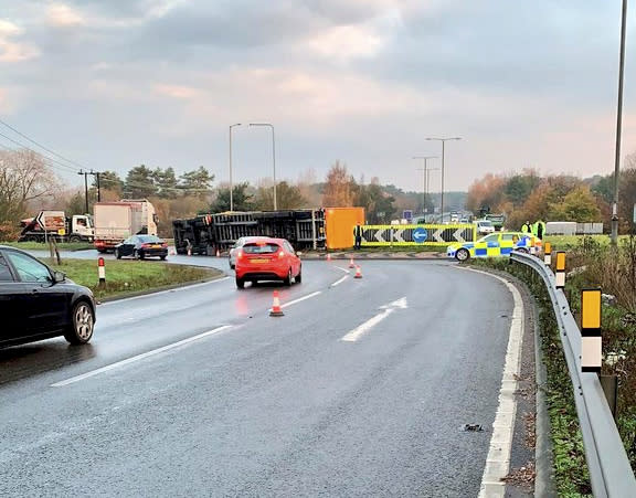 The overturned lorry in Norfolk (SWNS)