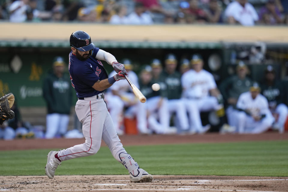 Boston Red Sox's Connor Wong hits an RBI single against the Oakland Athletics during the second inning of a baseball game Monday, July 17, 2023, in Oakland, Calif. (AP Photo/Godofredo A. Vásquez)