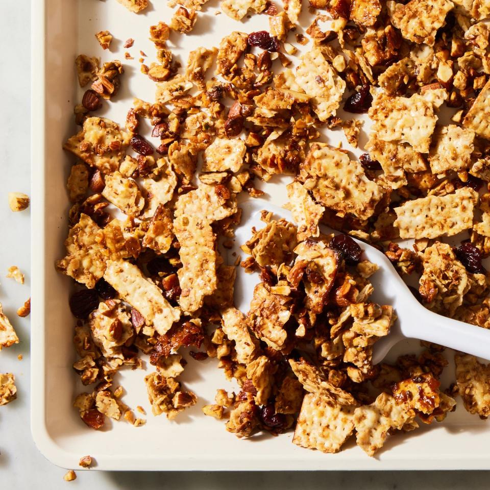 matzo granola with almonds, pistachios, dried cherries, and pomegranate molasses