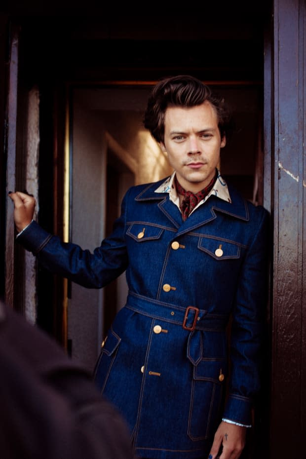 Harry Styles in Gucci during the making of his music video for "Adore You." 