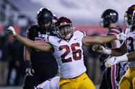 Southern California linebacker Kana'i Mauga (26) reacts after making a tackle during the first half of the team's NCAA college football game against Utah on Saturday, Nov. 21, 2020, in Salt Lake City. (AP Photo/Rick Bowmer)