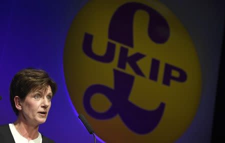 Diane James, the new leader of the United Kingdom Independence Party (UKIP), speaks at the party's annual conference in Bournemouth, Britain, September 16, 2016. REUTERS/Toby Melville