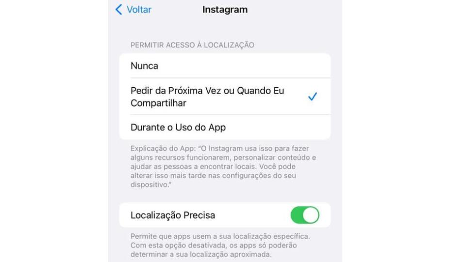 Captura de tela mostra configuração no Instagram de permissões sobre acesso à localização