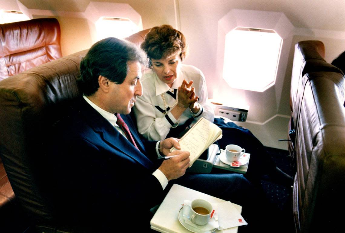 Dianne Feinstein is interviewed by Time magazine correspondent Jordan Bonfante on a flight from San Francisco to Los Angeles on June 10, 1990, the day before she won the Democratic nomination for governor.