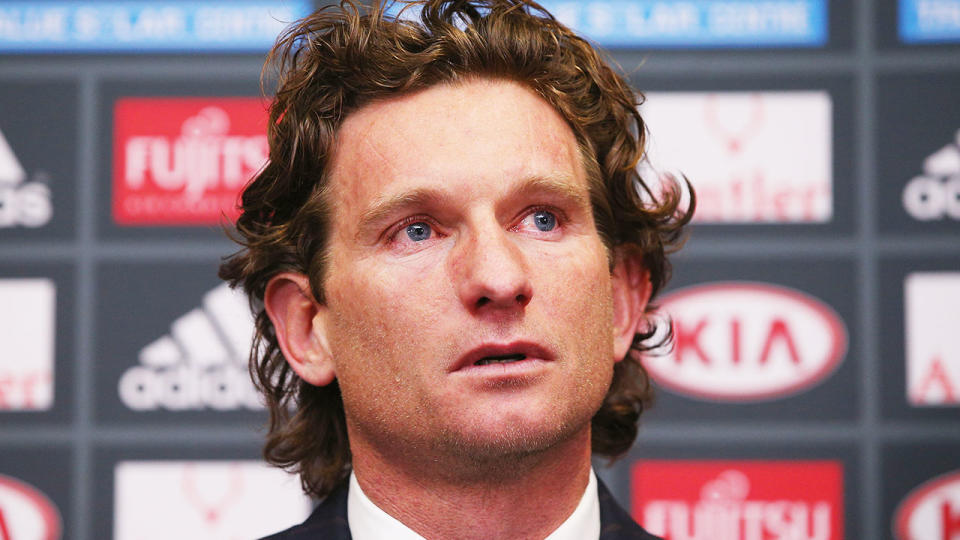 James Hird is seen here choking back tears while talking to media about the Essendon saga.