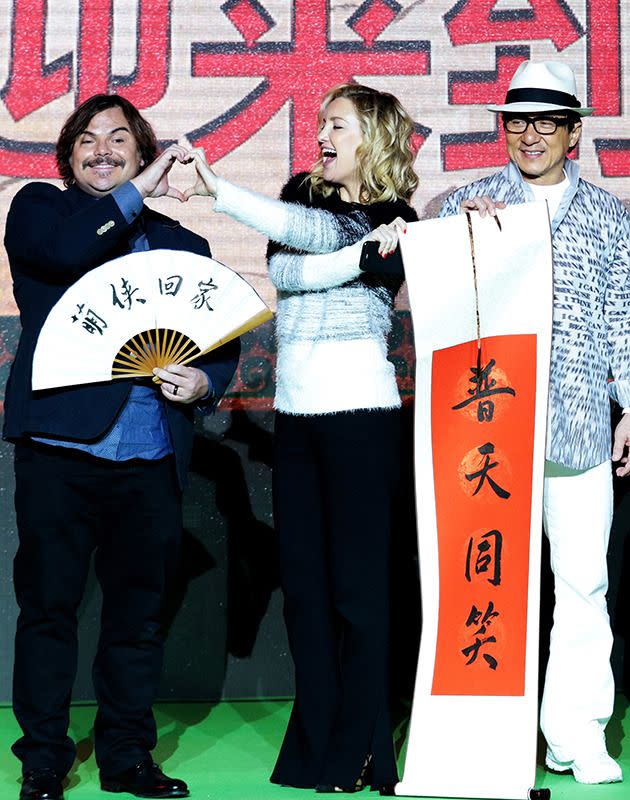 Jack with his Kung Fu Panda 3 co-stars Kate Hudson and Jackie Chan. Photo: Getty