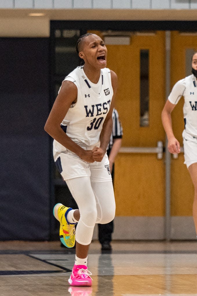 Pocono Mountain West junior Vatijah Davis reacts after scoring against Parkland during the EPC girls basketball quarterfinals in Mount Pocono on Friday, Feb. 11, 2022. Parkland won, 42-39.