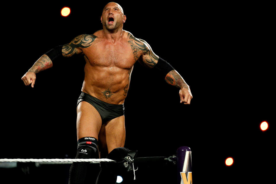 Batista enters the ring during Wrestlemania XXX at the Mercedes-Benz Super Dome in New Orleans on Sunday, April 6, 2014. (Jonathan Bachman/AP Images for WWE)