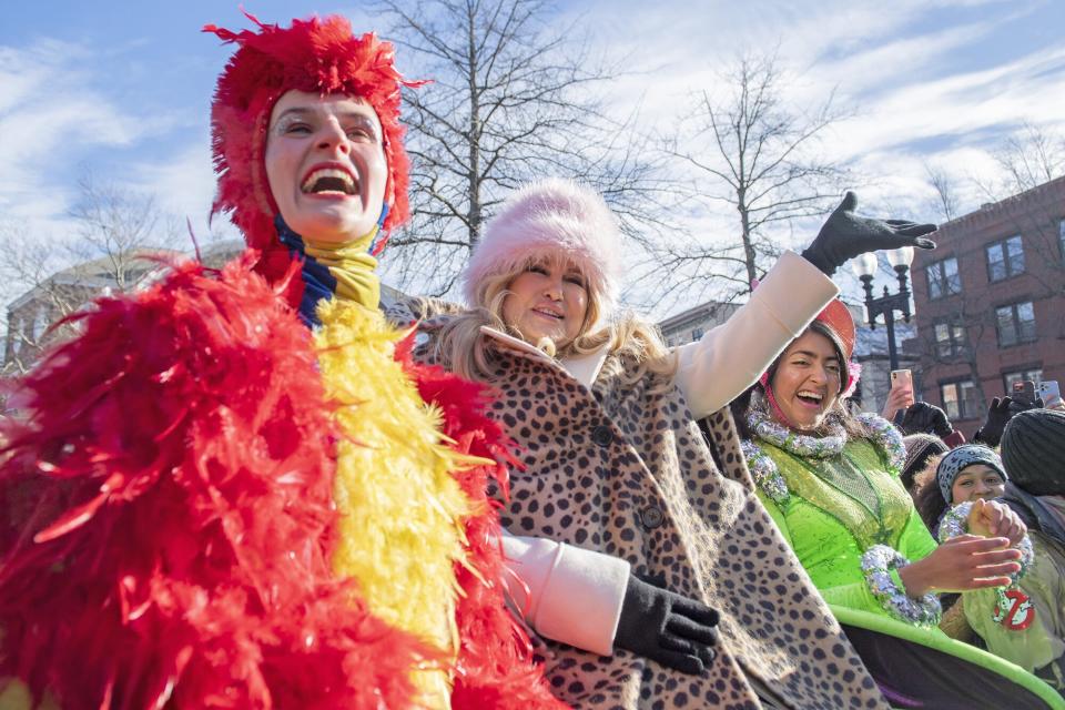 U.S. actress Jennifer Coolidge (C), flanked by Harvard students Lydnsey Mugford (L) and Nikita Nair (R), waves to the crowd during a parade in her honor before she is presented with the the Harvard University's Hasty Pudding Theatricals 2023 Woman of the Year pudding pot at Harvard University in Cambridge, MA on Saturday, February 04, 2023. Bob Odenkirk Harvard, Cambridge, Massachusetts, United States - 04 Feb 2023