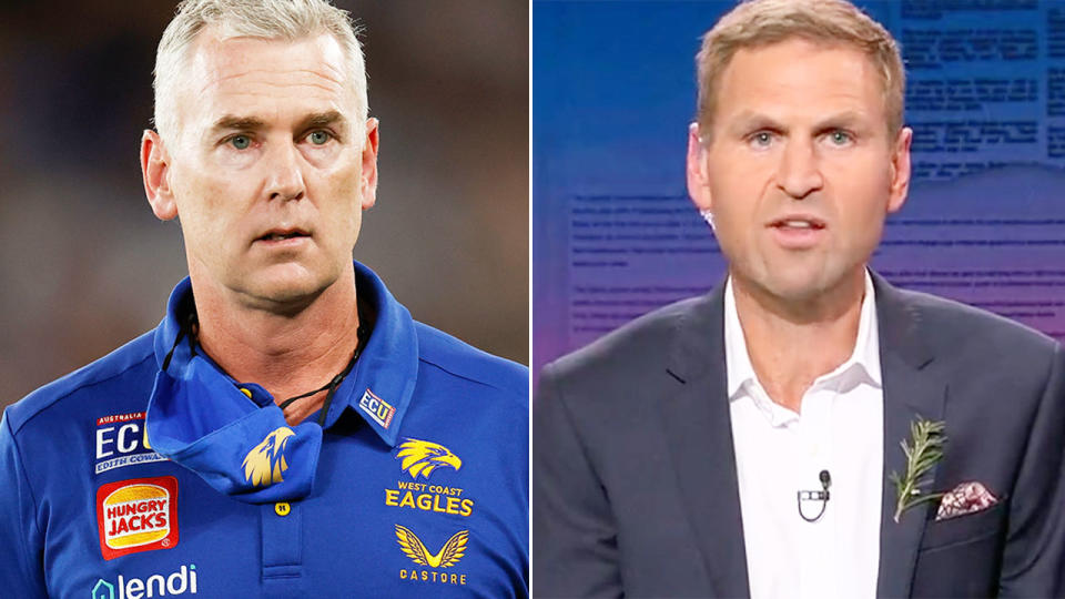 West Coast coach Adam Simpson is seen on the left and AFL pundit Kane Cornes on the right.