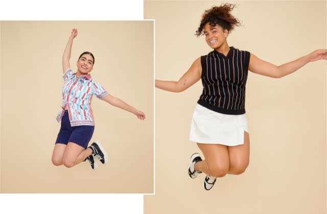 <p>Ruo Bing Li</p> Left: Percival top and shorts. Converse sneakers. Mejuri earrings and ring. Right:Percival sweater vest. Girlfriend Collective skort. Staud sneakers. Mejuri earrings.