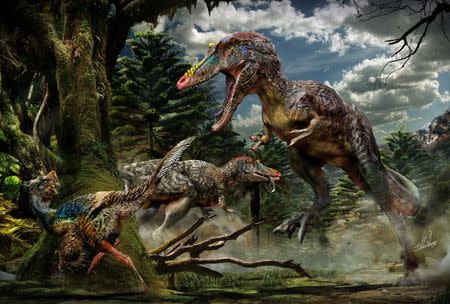 Two Qianzhousaurus sinensis individuals are pictured hunting in this undated handout artist's rendering. REUTERS/Chuang Zhao/Handout