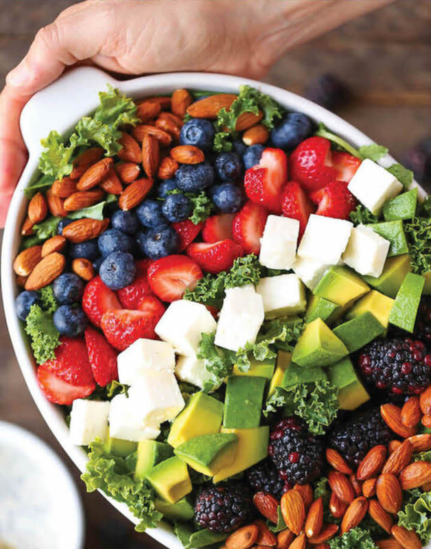 <p>Damn Delicious</p><p>Try an epic Cobb salad and a drool worthy poppyseed dressing. Try adding some almonds and strawberries to your salad but still keep the traditional avocado and cheese. </p><p><strong>Get the recipe here: <a href="https://damndelicious.net/2016/07/07/kale-cobb-salad/" rel="nofollow noopener" target="_blank" data-ylk="slk:Kale Cobb Salad;elm:context_link;itc:0;sec:content-canvas" class="link ">Kale Cobb Salad</a></strong></p>