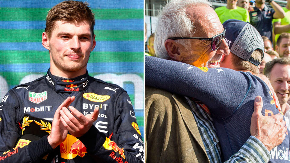 Pictured left is Max Verstappen and on the Red Bull driver on the right with late team owner Dietrich Mateschitz. 