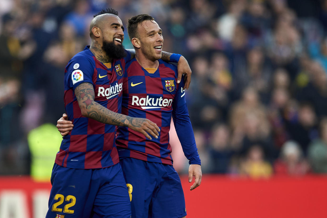 Arthur Melo of Barcelona celebrates after scoring his sides first goal with Arturo Vidal during the Liga match between FC Barcelona and SD Eibar SAD at Camp Nou on February 22, 2020 in Barcelona, Spain. (Photo by Jose Breton/Pics Action/NurPhoto via Getty Images)