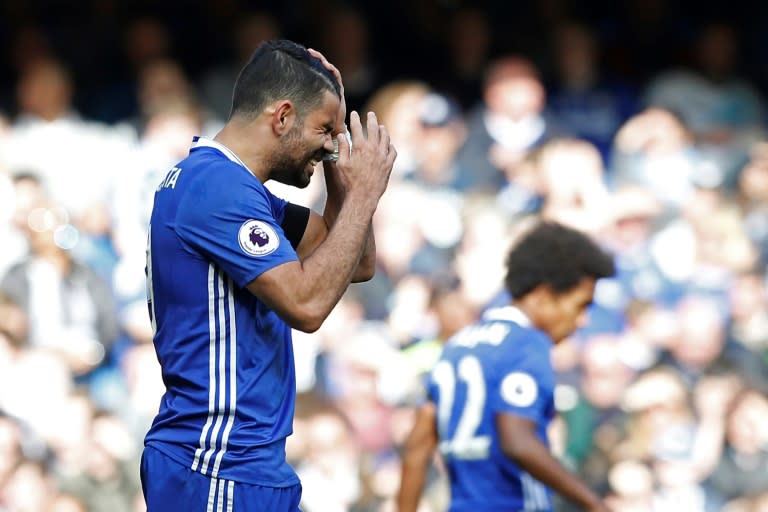 Chelsea's Diego Costa reacts to a missed chance during their English Premier League match against Crystal Palace, at Stamford Bridge in London, on April 1, 2017