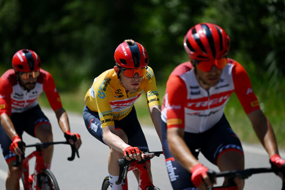 LEUKERBAD SWITZERLAND  JUNE 14 Mattias Skjelmose Jensen of Denmark and Team TrekSegafredo  Yellow leader jersey compete during the 86th Tour de Suisse 2023 Stage 4 a 1525km stage from Monthey to Leukerbad 1367m  UCIWT  on June 14 2023 in Leukerbad Switzerland Photo by Dario BelingheriGetty Images