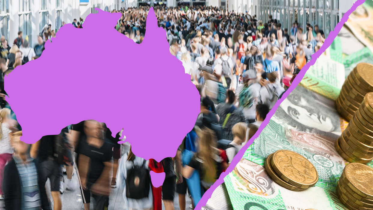 Pictured: Pedestrians, Australian map and Australian cash suggesting superannuation. Images: Getty
