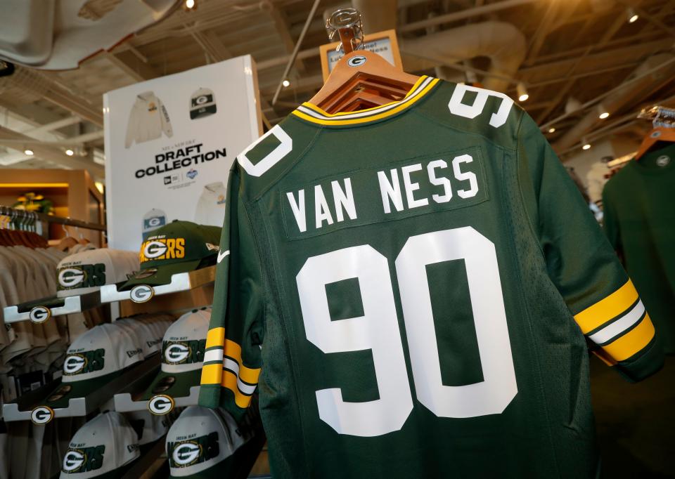 Jerseys for Lukas Van Ness, the Green Bay Packers No. 1 pick in the 2023 draft, can be boughte at the Green Bay Packers Pro Shop at Lambeau Field.