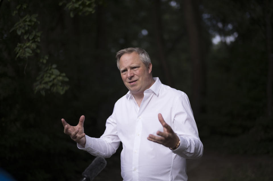 Timo Reinfrank, who heads the Amadeu-Antonio Foundation which promotes pluralism and human rights while opposing right-wing extremism, racism and antisemitism speaks to The Associated Press during an interview in Berlin, Germany, Wednesday, July 19, 2023. Reinfrank says that the entire region surrounding Burg (Spreewald) about two-hours drive outside Berlin has become "a zone of fear which the Nazis have declared as their home zone." (AP Photo/Markus Schreiber)