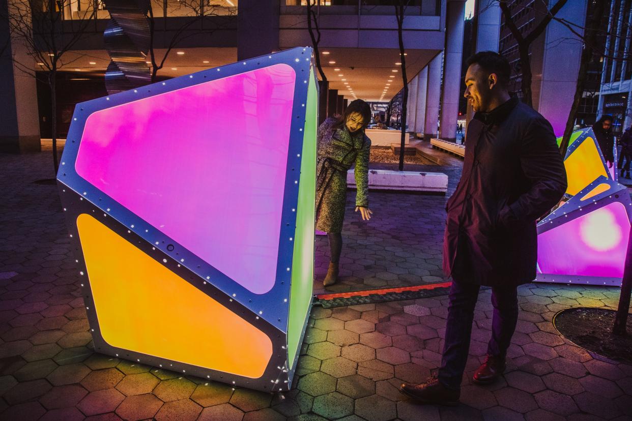 The "Oscillation" installation by The Urban Conga. The installation can be seen on the Family Plaza at the Kravis Center from Tuesday through Dec. 26.