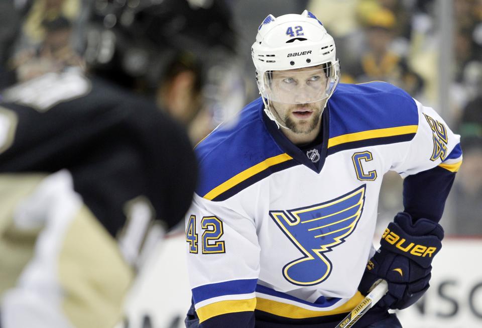 PITTSBURGH, PA - MARCH 24:  David Backes #42 of the St. Louis Blues looks on during the game against the Pittsburgh Penguins at Consol Energy Center on March 24, 2015 in Pittsburgh, Pennsylvania.  (Photo by Justin K. Aller/Getty Images)