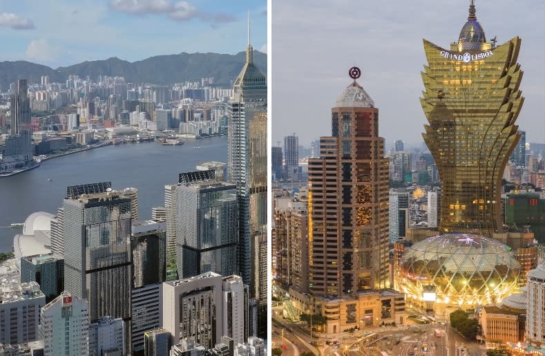 Hong Kong (left) and Macao (right) skylines. (PHOTOS: Getty Images)