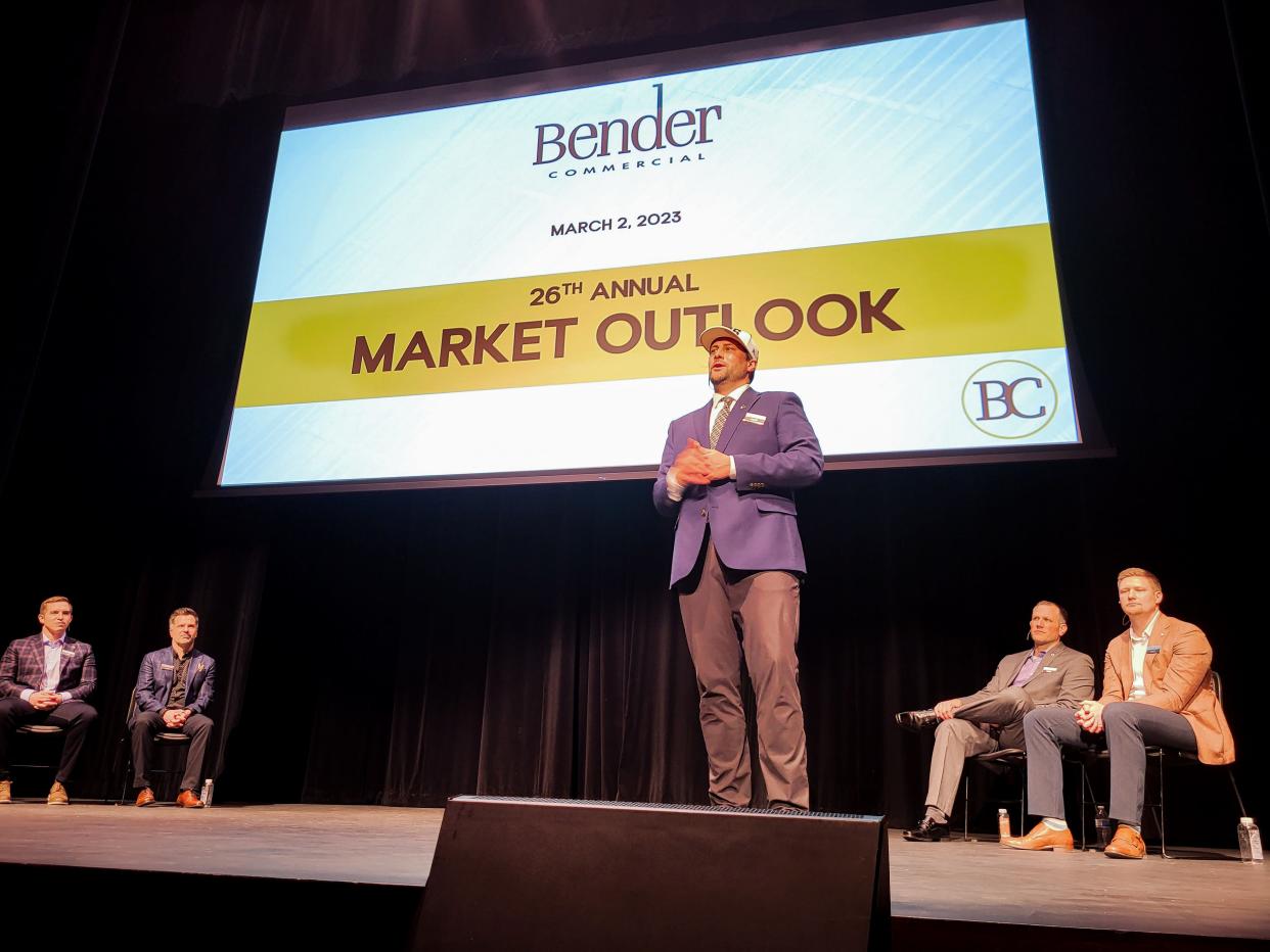 Bender President Reggie Kuipers presents at the 2023 Bender Market Outlook on Thursday, March 2, in Sioux Falls.