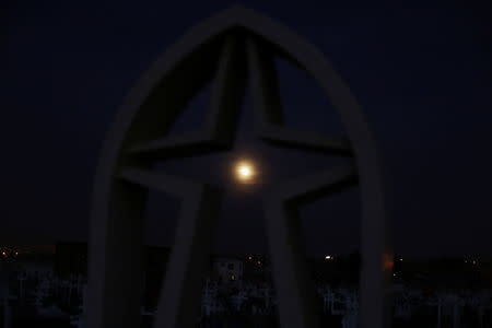 The full moon is seen through a headstone ahead of a total lunar eclipse, known as the "super blood wolf moon", at a cemetery in Ciudad Juarez, Mexico January 20, 2019.REUTERS/Jose Luis Gonzalez
