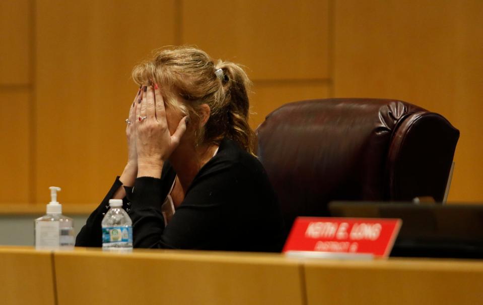 Cape Coral council member Patty Cummings participates in the council meeting at City Hall Wednesday, Nov. 15, 2023. After an ongoing investigation by the State AttorneyÕs Office Cummings turned herself in to authorities on Tuesday, Nov. 14, 2023 after being charged with three felonies.