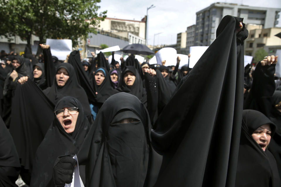 Worshippers chant slogans against the United States and Israel during a rally after Friday prayers in Tehran, Iran, Friday, May 10, 2019. A top commander in Iran's powerful Revolutionary Guard said Friday that Tehran will not talk with the United States, an Iranian news agency reported — a day after President Donald Trump said he'd like Iranian leaders to "call me." (AP Photo/Ebrahim Noroozi)