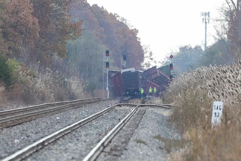 Officials respond to a CSX train derailment near Shook Road and Wick Road in Romulus on Thursday, Nov. 2, 2023.