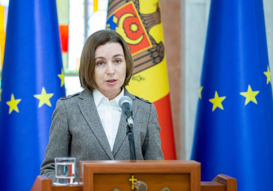 The president of Moldova, Maia Sandu, speaks during a briefing at the presidential palace in Chisinau (EPA)