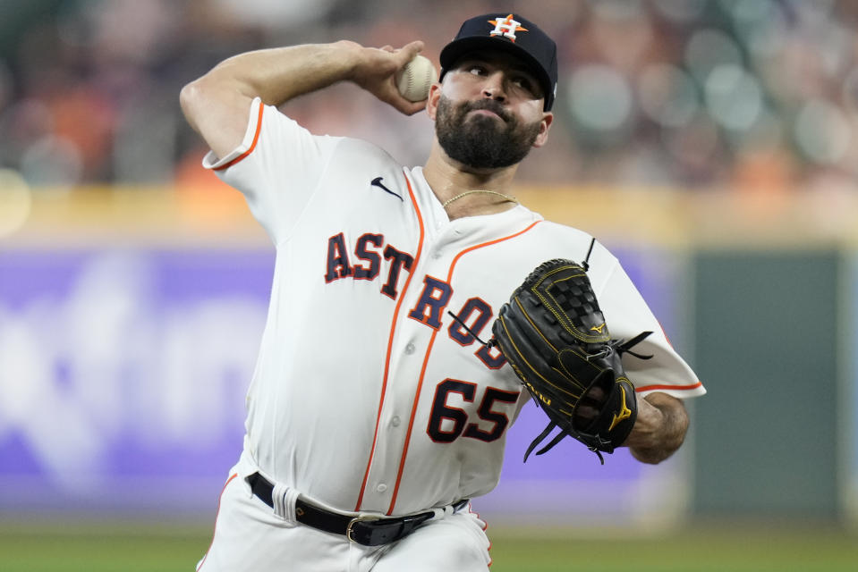 Houston Astros starting pitcher Jose Urquidy delivers during the first inning of a baseball game against the Los Angeles Angels, Saturday, Sept. 10, 2022, in Houston. (AP Photo/Eric Christian Smith)