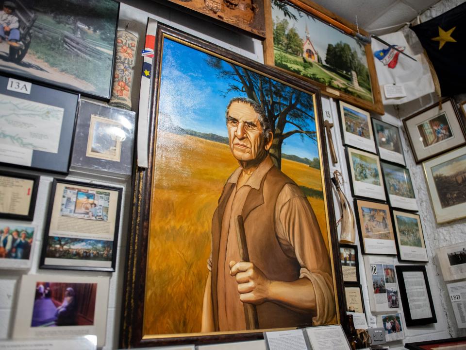 A large portrait of Joseph Beausoleil Broussard hangs on a wall in the Acadian Museum in Erath. Broussard led Acadians into Louisiana in 1765.