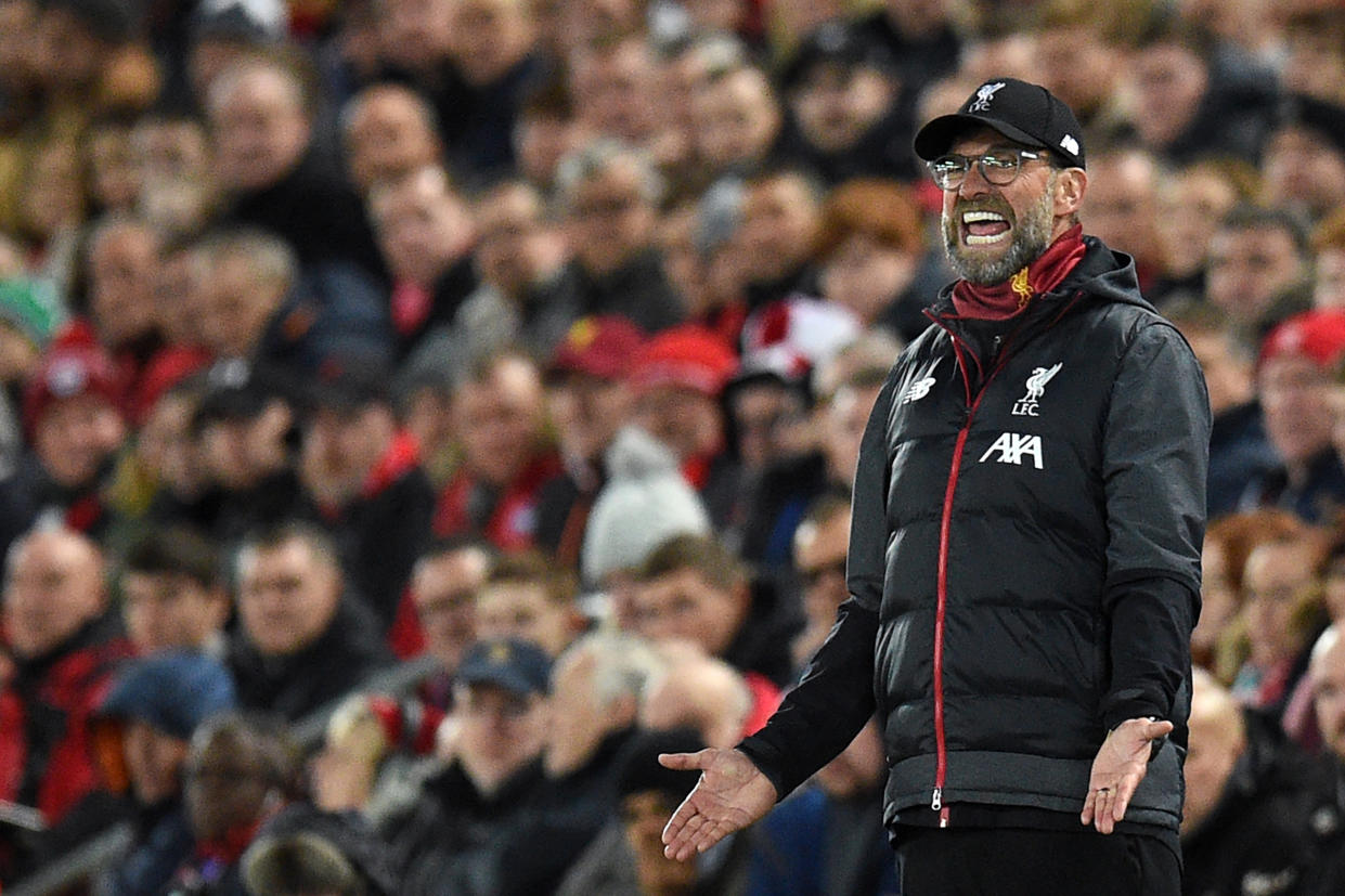 A frustrated Jurgen Klopp on the touchline. (Photo by Oli SCARFF / AFP) (Photo by OLI SCARFF/AFP via Getty Images)