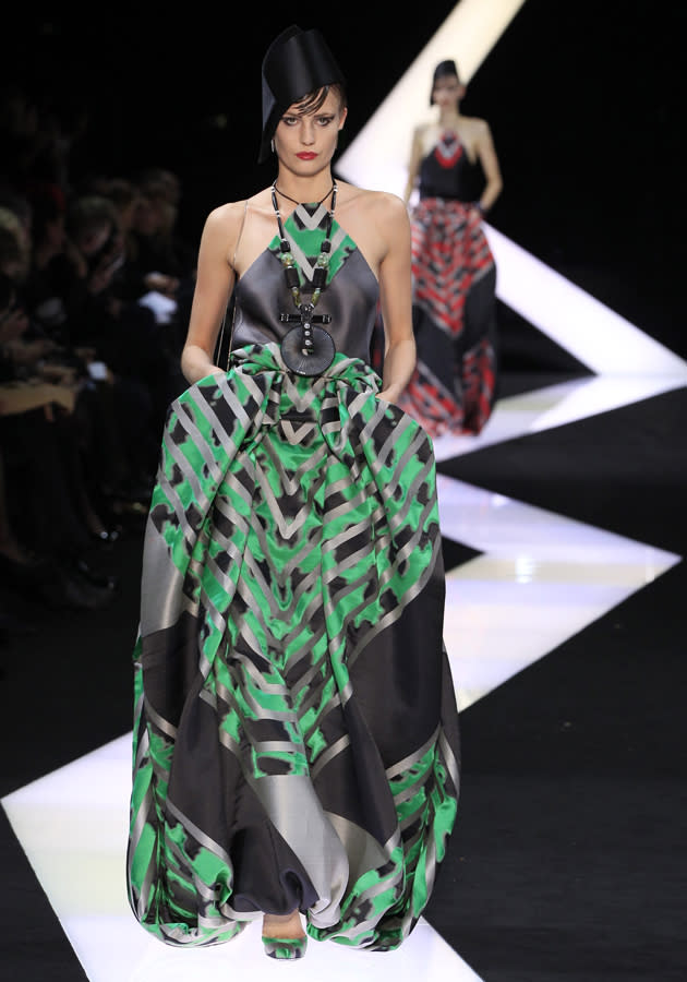 <b>Armani Prive SS13 </b><br><br>This tropical graphic print design was a big hit with the FROW crowd. <br><br>©Reuters