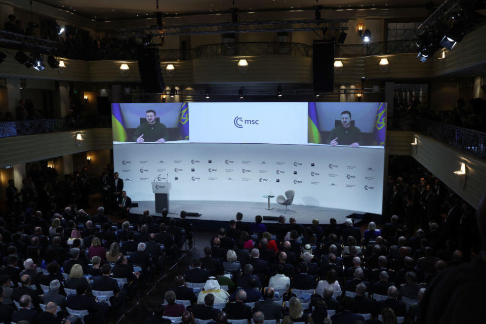 Ukrainian President Volodymyr Zelensky speaks via video link to the Munich Security Conference on Feb. 17, 2023, in Munich, Germany. / Credit: LEONHARD SIMON / Getty Images