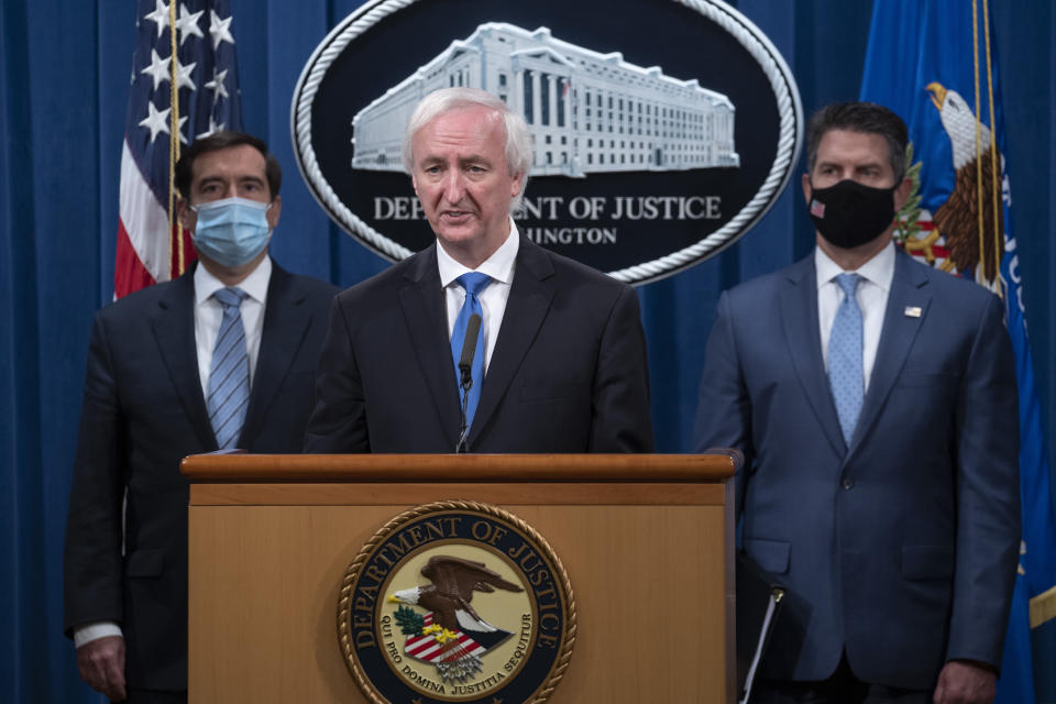 Deputy Attorney General Jeffery Rosen speaks, Wednesday, Sept. 16, 2020 at the Justice Department in Washington. The Justice Department has charged five Chinese citizens with hacks targeting more than 100 companies and institutions in the United States and abroad, including social media and video game companies as well as universities and telecommunications providers. Officials announced the prosecution on Wednesday. (Tasos Katopodis/Pool via AP)