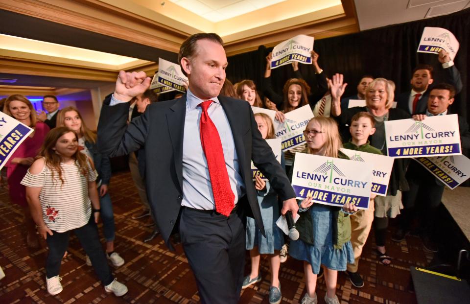 Mayor Lenny Curry takes the stage during his election night victory party Tuesday, March 19, 2019 at the Hyatt Regency Riverfront in downtown Jacksonville.