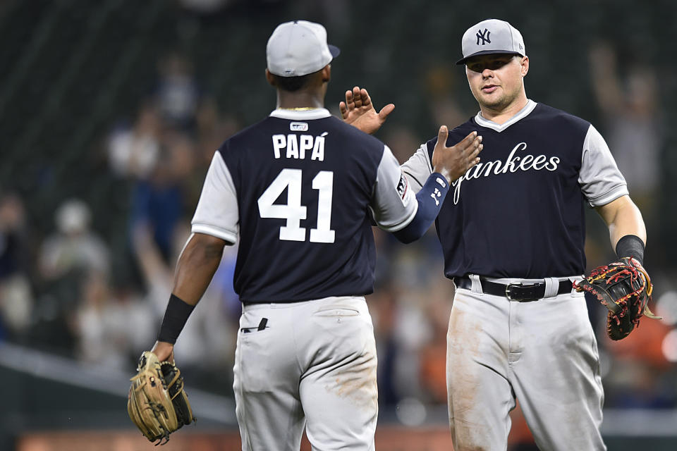 New York Yankees' Luke Voit, right, and Miguel Andujar celebrate the team's 5-3 win over the Baltimore Orioles in a baseball game Sunday, Aug. 26, 2018, in Baltimore. (AP Photo/Gail Burton)