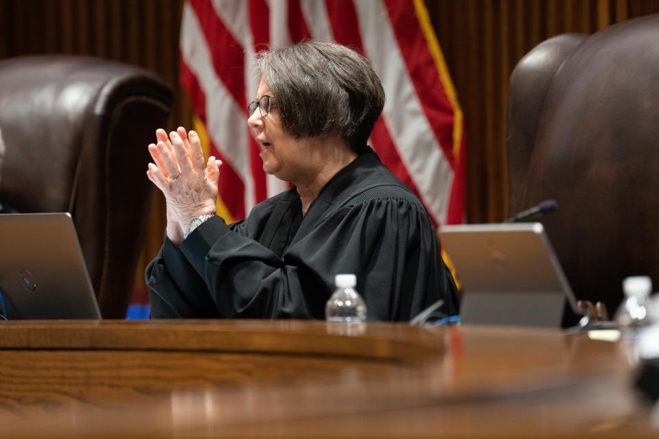 Kansas Chief Justice Marla Luckert questions Solicitor General Anthony Powell during the Kansas Supreme Court case Hodes & Nauser v. Kobach on Monday morning.