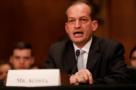 Alex Acosta, President Donald Trump's nominee to be Secretary of Labor, testifies during his confirmation hearing before the Senate Health, Education, Labor, and Pensions Committee on Capitol Hill in Washington, D.C., U.S. March 22, 2017. REUTERS/Aaron P. Bernstein
