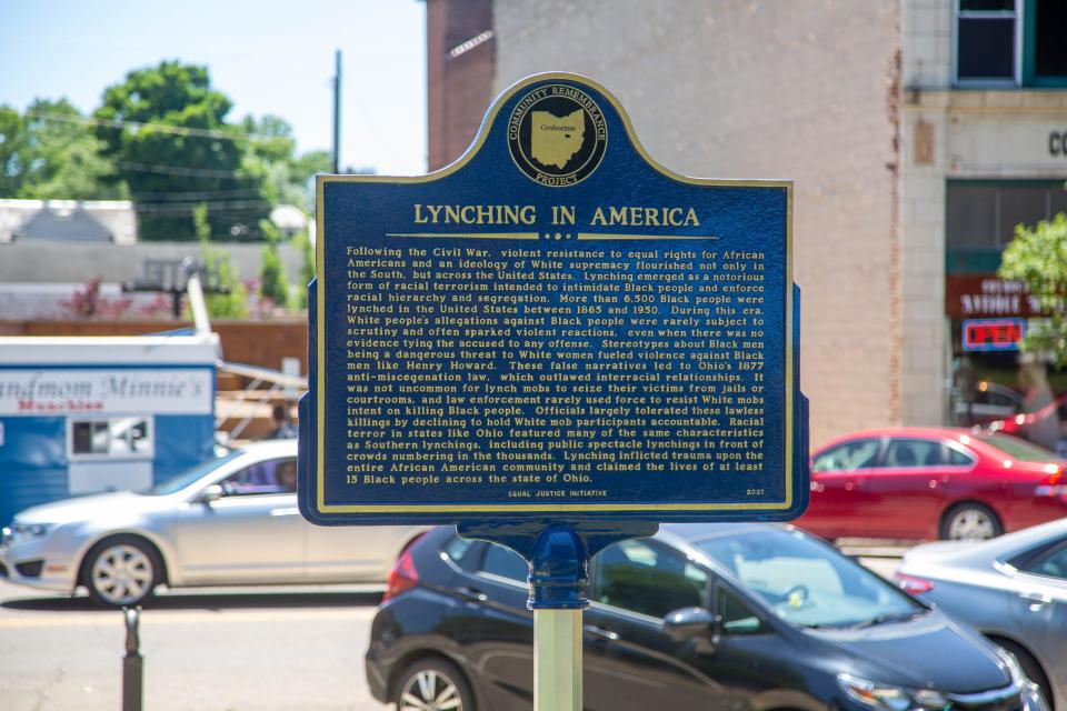 Historical marker dedicated at a recent Juneteenth celebration on the Coshocton Court Square.  One side details the lynching of Henry Howard in 1885 on the Coshocton Court Square and the other side contextualizes this lynching as part of a widespread practice of racial terrorism that claimed the lives of more than 6,500 Black Americans between 1865 and 1950.