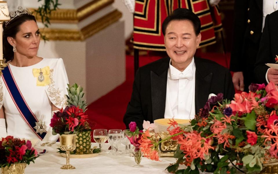 A traditional pineapple is seen at the state banquet for Yoon Suk Yeol, the president of South Korea, last November