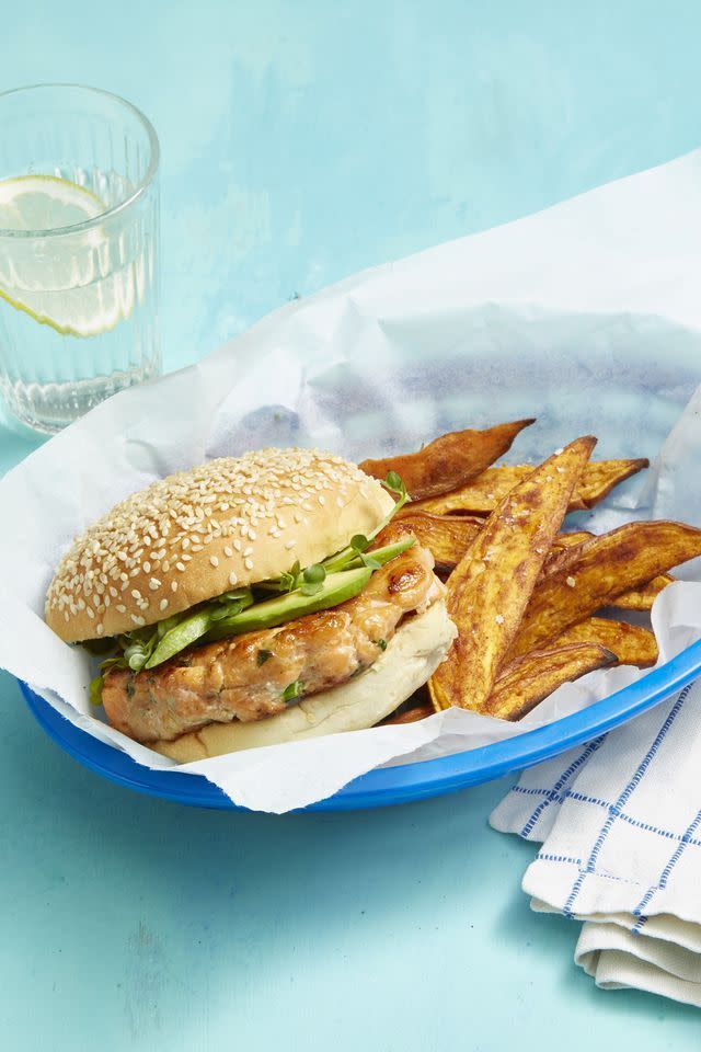 4th of july food salmon burgers and five spice sweet potato fries