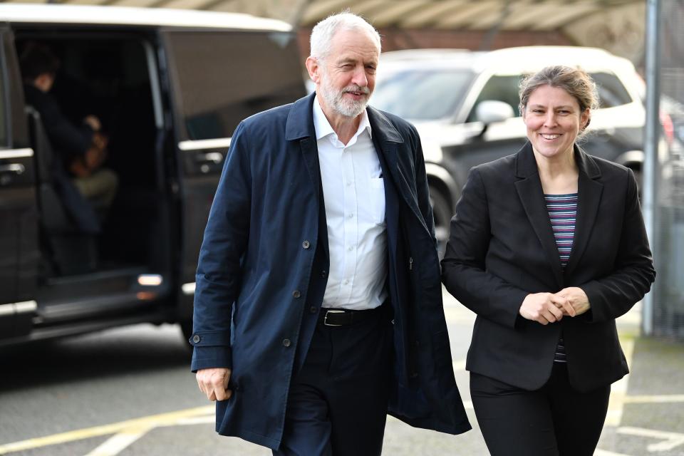 Opposition Labour Party leader Jeremy Corbyn (L) is met by Labour parliamentary candidate for York Central Rachael Maskell (R) as he arrives at York College, in York, northern England, on December 1, 2019 for a general election campaign event. - Britain will go to the polls on December 12, 2019 to vote in a pre-Christmas general election. (Photo by Paul ELLIS / AFP) (Photo by PAUL ELLIS/AFP via Getty Images)