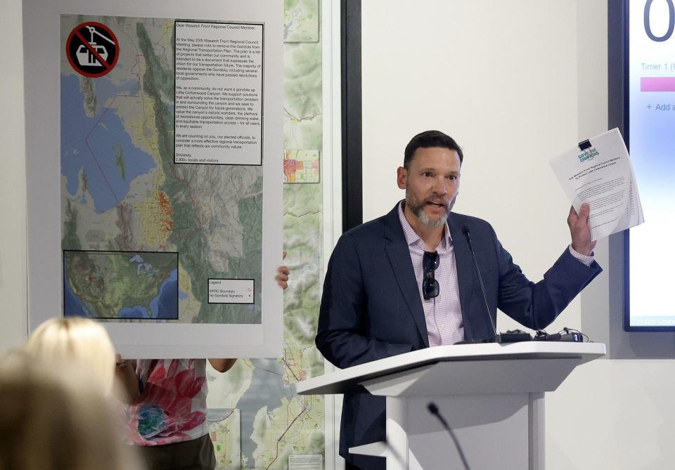 Carl Fisher, Save Our Canyons executive director, gives public comment on the Regional Transit Plan, opposing a gondola during a Wasatch Front Regional Council meeting in Salt Lake City on Thursday. 